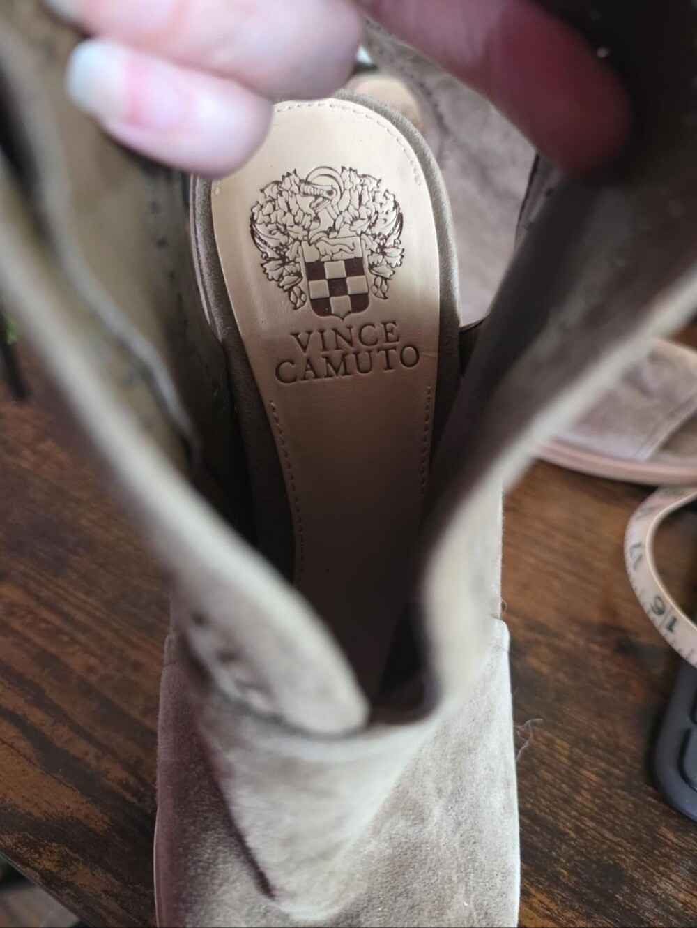 Vince Camuto Taupe Suede Leather Peep Toe Booties Heels Size 7.5 - Picture 7 of 8